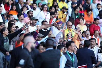 Thousands of Indian citizens packed into the Ahlan Modi event at the Zayed Sports City venue on Tuesday. Pawan Singh / The National