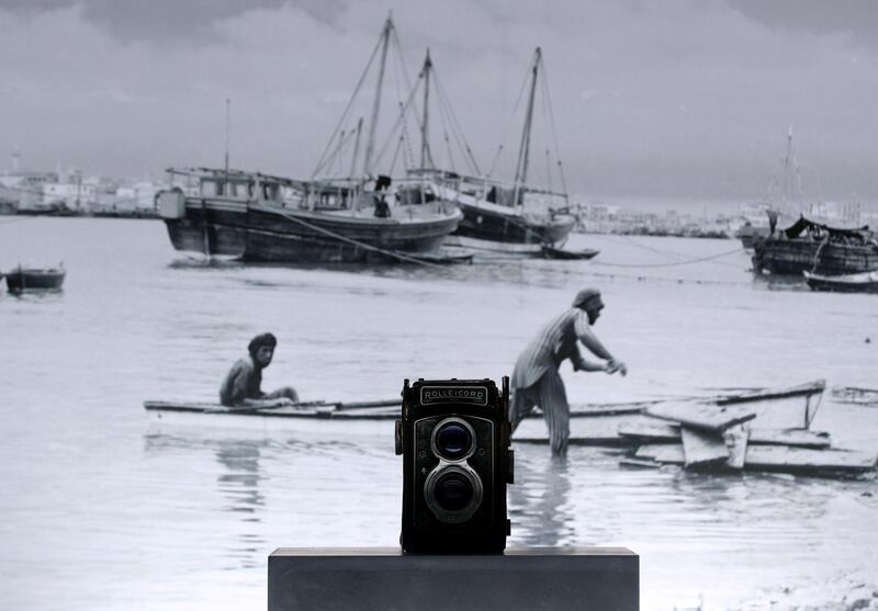 Dubai, United Arab Emirates - April 30, 2019: Postcard: Founding Fathers Exhibition, exhibition of rare Sheikh Zayed photos. A Rolleicord Camera. Tuesday the 30th of April 2019. Etihad Museum, Dubai. Chris Whiteoak / The National