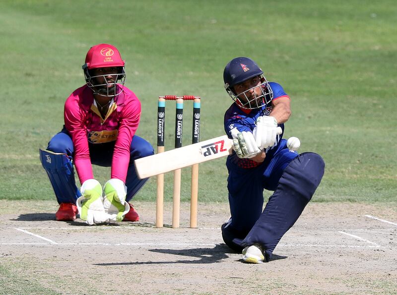 Nepal's Bhim Sharki on his way to a score of 70 off 99 balls against the UAE.