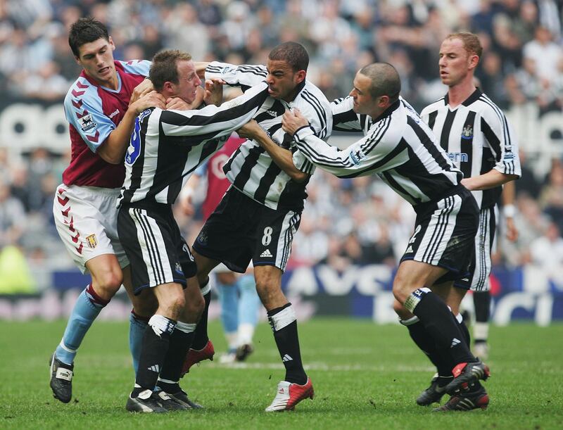 NEWCASTLE, ENGLAND - APRIL 2 :  Lee Bowyer and Kieron Dyer of Newcastle come to blows during the FA Barclays Premiership match between Newcastle United and Aston Villa at St James Park on April 2, 2005 in Newcastle, England.  (Photo by Laurence Griffiths/Getty Images)