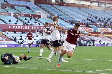 Trezeguet (right) celebrates scoring his and Aston Villa's second goal against Fulham at Villa Park. PA