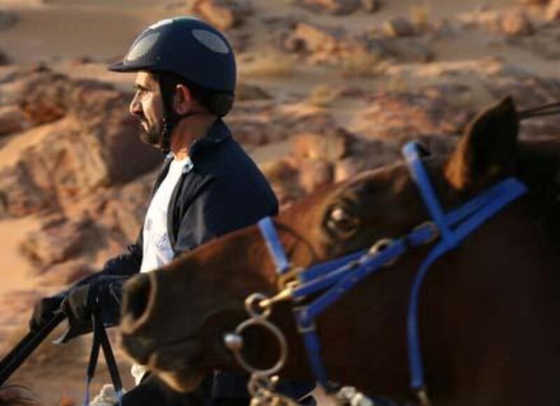 Dubai ruler Sheikh Mohammed bin Rashed al-Maktoum competes with his horse in the Wadi Rum International Endurance Ride in the Jordanian desert on November 14, 2008. Maktoum, who is also Emirati vice president and prime minister, won the 120-km race. AFP PHOTO/AWAD AWAD *** Local Caption ***  708111-01-08.jpg