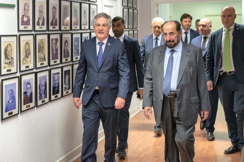 Sheikh Dr Sultan bin Muhammad Al Qasimi walks with Rafael Garesse, the dean of Universidad Autónoma de Madrid (Autonomous University of Madrid). Courtesy Sharjah Media Office 