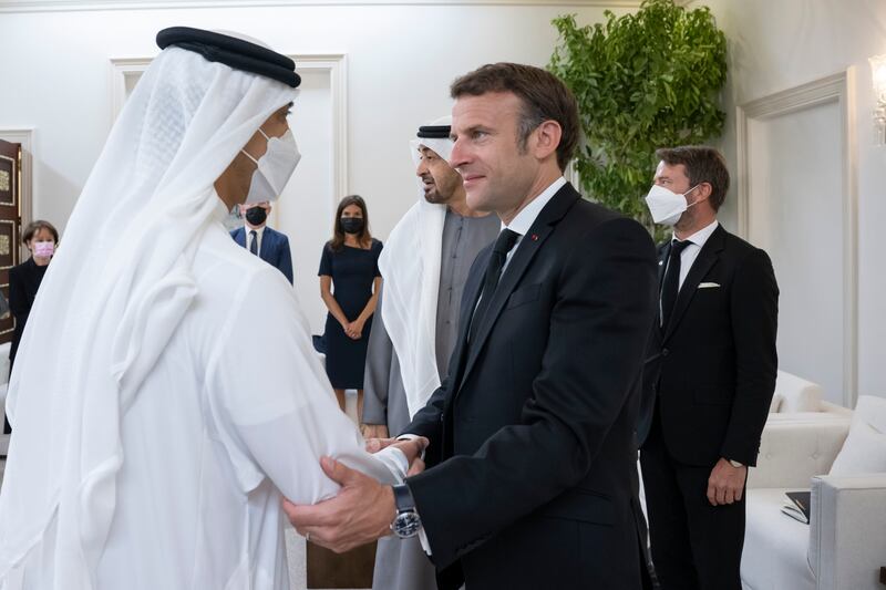 Emmanuel Macron with Sheikh Mansour bin Zayed, Deputy Prime Minister and Minister of Presidential Affairs.