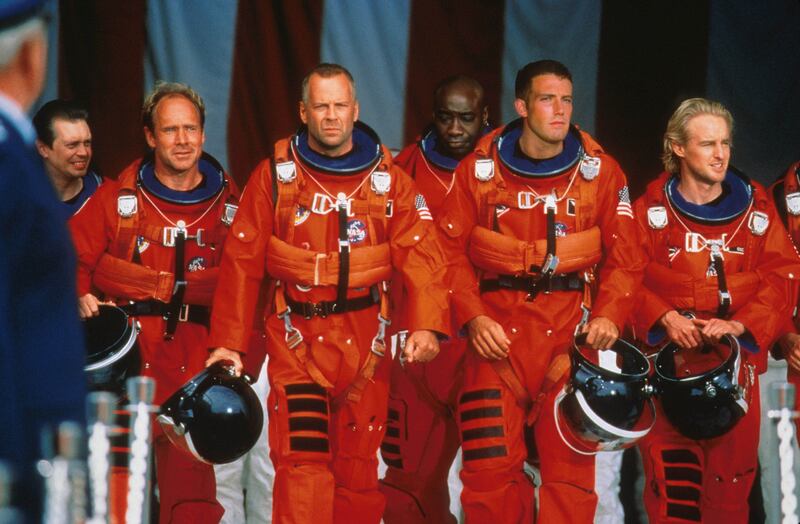 Steve Buscemi, Will Patton, Bruce Willis, Michael Clarke Duncan, Ben Affleck and Owen Wilson in Armageddon. Courtesy Touchstone Pictures