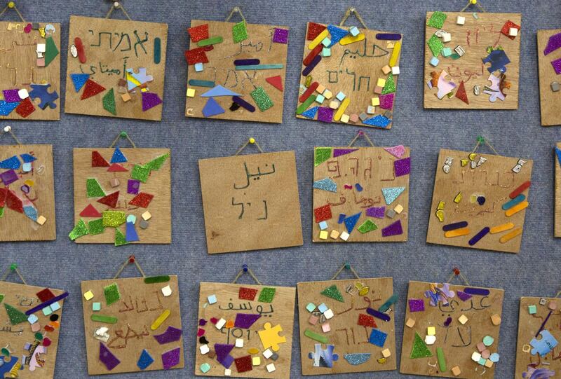 Drawings showing the names of children written in both the  Arabic and Hebrew languages  at the Hands in Hands daycare school in the Israeli city of Haifa on April 4,2016. The bilingual  multicultural educational program integrates lHaifa's local Jewish and Arab children, promoting a shared society in Israel . It is the only Jewish -Arab shared preschool in Haifa .(Photo by Heidi levine/Sipa Press).//LEVINE_110010214/Credit:Heidi Levine/SIPA/1608191206 *** Local Caption *** 00768512