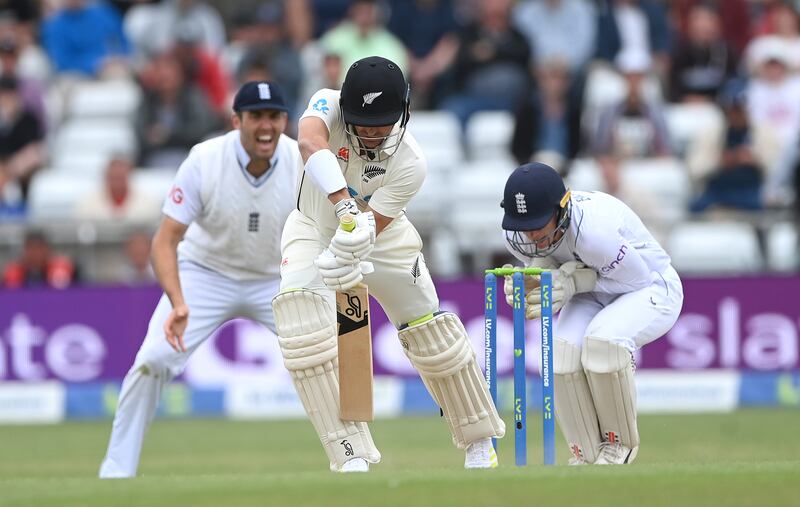 New Zealand batsman Neil Wagner is caught out for a duck by replacement England wicketkeeper Sam Billings, who took the catch between his legs, off the bowling of Jack Leach . Getty