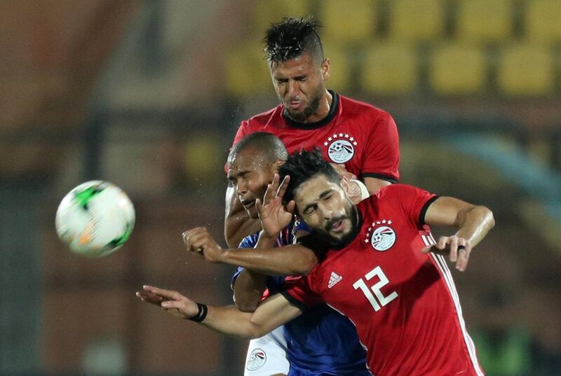 Egypt's Ayman Ashraf in action with eSwatini's Barry Steenkamp. Reuters