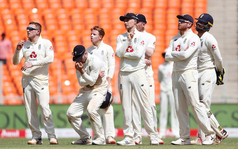 Left to right: England's Dom Bess, Jack Leach, Ollie Pope, Joe Root, Jonny Bairstow and Ben Foakes after an unsuccessful review for the wicket of India batsman Rishabh Pant during the fourth Test in Ahmedabad on Friday, March 5. Getty