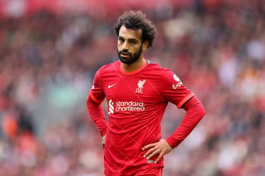 LIVERPOOL, ENGLAND - AUGUST 21: Mohamed Salah of Liverpool  during the Premier League match between Liverpool  and  Burnley at Anfield on August 21, 2021 in Liverpool, England. (Photo by Catherine Ivill / Getty Images)