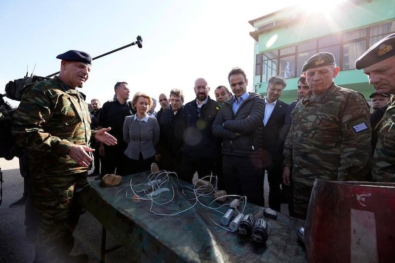 Greek Prime Minister Kyriakos Mitsotakis (4-R) with European Council President Charles Michel (C), European Commission President Ursula von der Leyen (3-L), European Parliament President David Sassoli (2-L) and Croatian Prime Minister Andrej Plenkovic (3-R)  during a visit at the Greek-Turkish border in northern Greece.  EPA