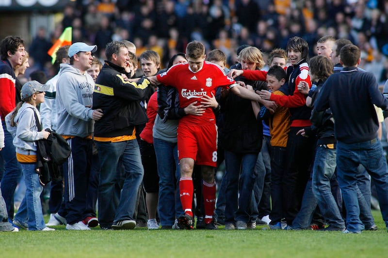 Steven Gerrard is surrounded by supporters at the end of the season-ending game against Hull. 09/05/2012. Craig Brough / FPA / LDY Agency