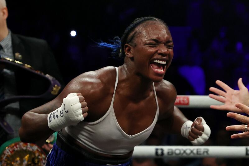 Claressa Shields celebrates victory after the undisputed middleweight title fight against Savannah Marshall. Getty