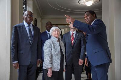 US Treasury Secretary Janet Yellen is welcomed by Zambian President Hakainde Hichilema during her visit to Zambia. AFP