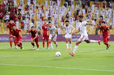 UAE's Ali Mabkhout scores from the spot during the game between the UAE and Vietnam in the World cup qualifiers at the Zabeel Stadium, Dubai on June 15th, 2021. Chris Whiteoak / The National. 
Reporter: John McAuley for Sport