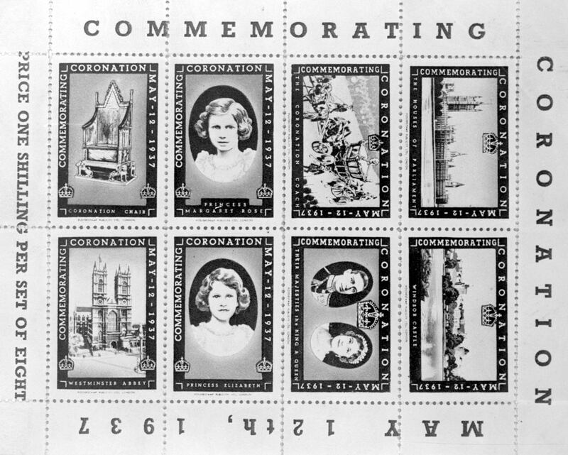 May 1937:  Stamps featuring Princesses Elizabeth and Margaret Rose, The Coronation Chair, Westminster Abbey, The Coronation Coach, The Houses of Parliament, Windsor Castle, King George VI and Queen Elizabeth to commemorate the King's Coronation.  (Photo by London Express/Getty Images)