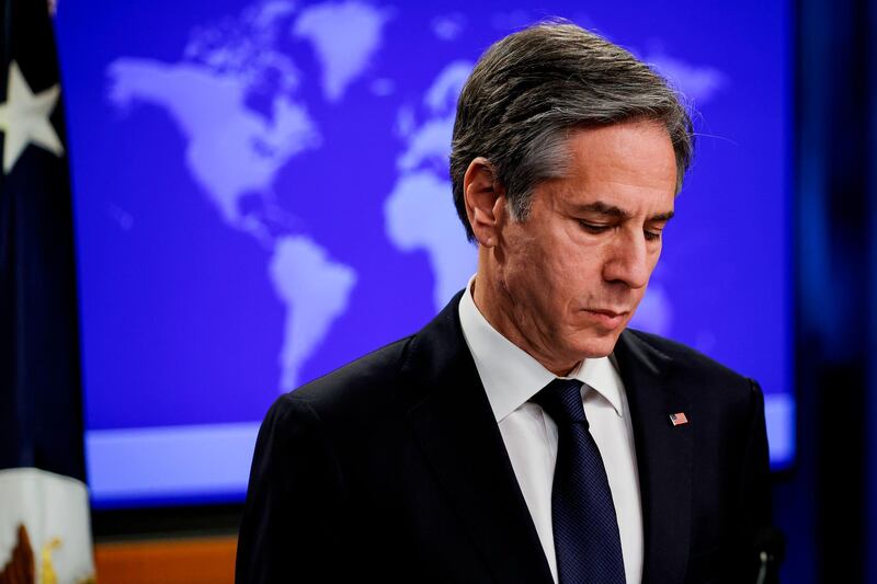 Secretary of State Antony Blinken pauses as he speaks to reporters during a press briefing at the State Department in Washington, Wednesday,  Jan. 27, 2021. (Carlos Barria/Pool Photo via AP)