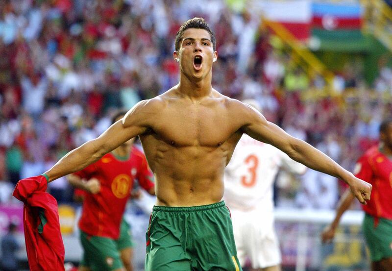 Cristiano Ronaldo celebrates after scoring for Portugal in the Euro 2004 semi-final against the Netherlands in Lisbon on June 30, 2004. AFP