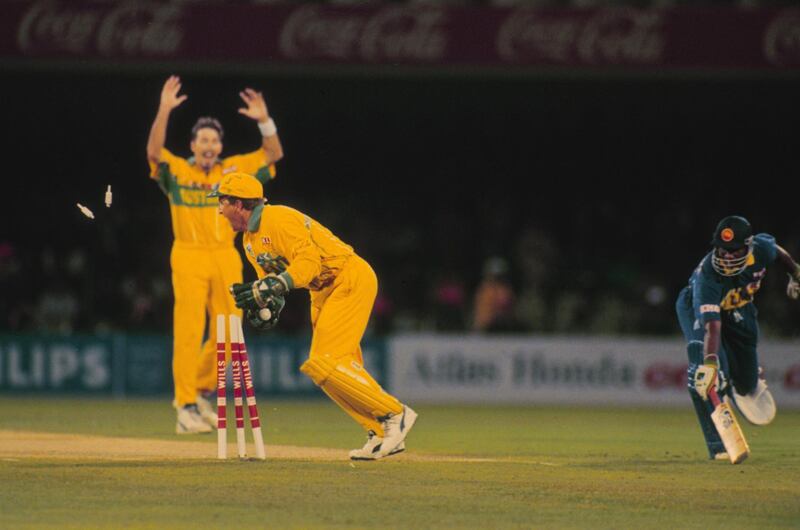 LAHORE - MARCH 17:  Sanath Jayasuriya of Sri Lanka is run out during the ICC Cricket World Cup Final between Sri Lanka and Australia held on March 17, 1996 in Lahore, Pakistan. Sri Lanka won by 7 wickets. (Photo by Graham Chadwick/Getty Images)