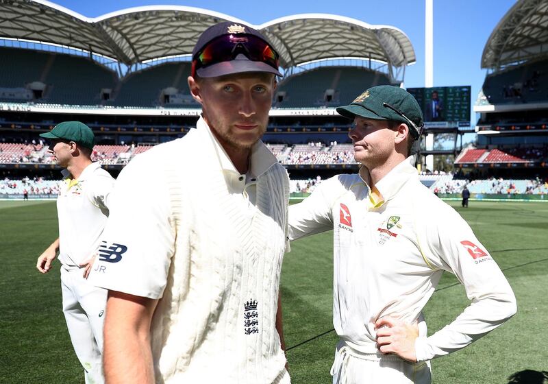 ADELAIDE, AUSTRALIA - DECEMBER 06: Joe Root of England congratulates Steve Smith of Australia after Australia claimed victory during day five of the Second Test match during the 2017/18 Ashes Series between Australia and England at Adelaide Oval on December 6, 2017 in Adelaide, Australia.  (Photo by Ryan Pierse/Getty Images)