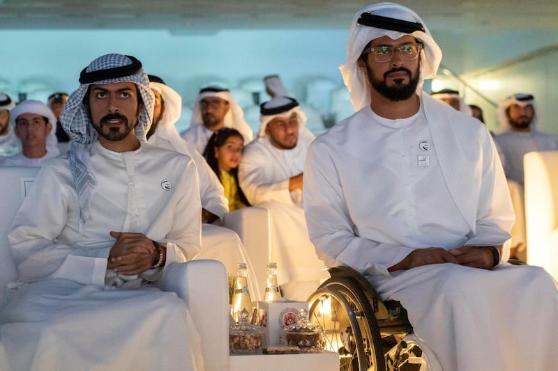 ABU DHABI, UNITED ARAB EMIRATES - March 21, 2019: 
HH Sheikh Zayed bin Hamdan bin Zayed Al Nahyan (R) and HH Sheikh Khalifa bin Tahnoon bin Mohamed Al Nahyan, Director of the Martyrs' Families' Affairs Office of the Abu Dhabi Crown Prince Court (L), attend the closing ceremony of the Special Olympics World Games Abu Dhabi 2019, at Zayed Sports City.

( Rashed Al Mansoori / Ministry of Presidential Affairs )
---