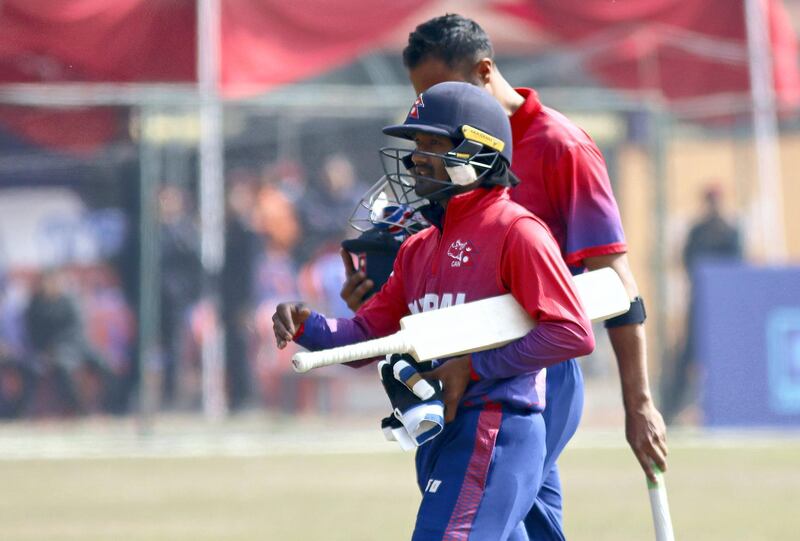 Dipendra Singh Airee returns to pavilion during the WCL2 match in Nepal. Subas Humagain for The National