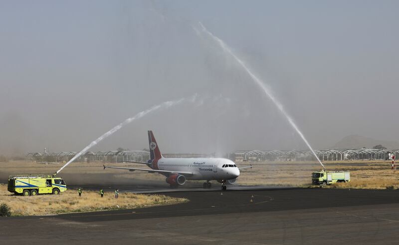 A Yemenia Airways plane is greeted with a water cannon salute at Sanaa International Airport in Yemen after the first commercial flight in six years prepares to leave the capital Sanaa. Reuters