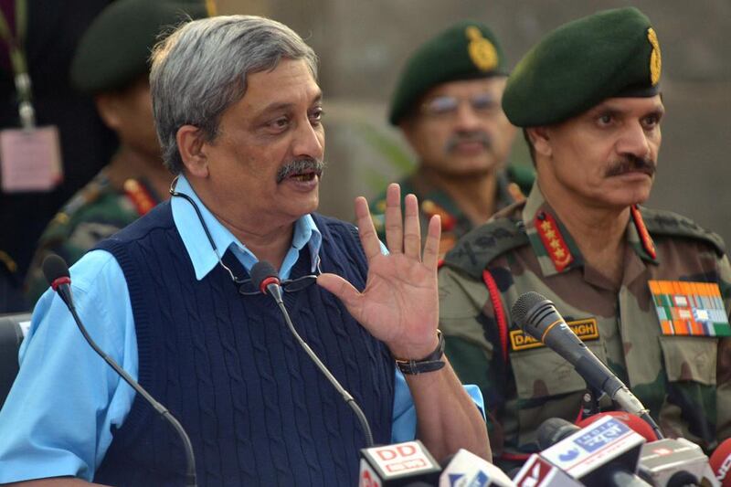 Indian defence minister Manohar Parrikar speaking at the air force base in Pathankot on January 5, 2016. Mr Parrikar will be in the UAE for a two-day visit on May 17, 2016 as the two countries seek to forge closer security and trade ties. Narinder Nanu/AFP Photo