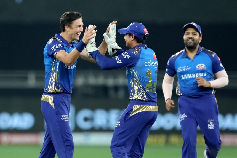 Trent Boult of Mumbai Indians celebrates the wicket of Ajinkya Rahane of Delhi Capitalsduring the final of season 13 of the Dream 11 Indian Premier League (IPL) between the Mumbai Indians and the Delhi Capitals held at the Dubai International Cricket Stadium, Dubai in the United Arab Emirates on the 10th November 2020.  Photo by: Vipin Pawar  / Sportzpics for BCCI