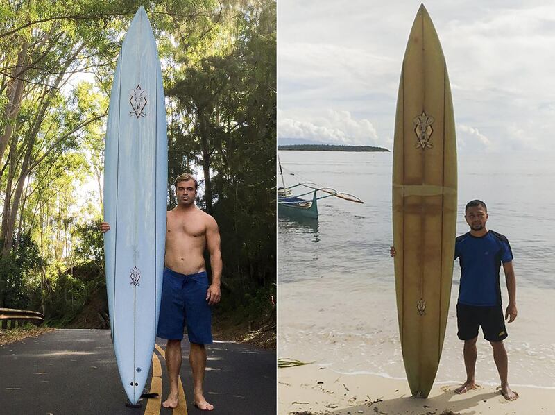 (COMBO) This combination image of two handout photographs show, at left, a picture taken by Brent Bielman on October 18, 2015 of surfer Doug Falter posing with his surfboard in Hawaii, and at right, an undated picture taken in 2020 courtesy of Giovanne Branzuela showing Branzuela posing with the same surfboard on Sarangani island in the Philippines.  When big wave surfer Doug Falter lost his board in a wipeout in Hawaii, his best hope was for a fisherman to find it. He never imagined it would be over 8,000 kilometres (5,000 miles) away in the southern Philippines. 
 - TO GO WITH PHILIPPPINES-SURFING,FOCUS BY MIKHAIL FLORES ---- RESTRICTED TO EDITORIAL USE - MANDATORY CREDIT "AFP PHOTO / BRENT BIELMAN / COURTESY OF GIOVANNE BRANZUELA" - NO MARKETING - NO ADVERTISING CAMPAIGNS - DISTRIBUTED AS A SERVICE TO CLIENTS  - NO ARCHIVES
 / AFP / BRENT BIELMAN / Courtesy of Giovanne Branzuela  / Handout / TO GO WITH PHILIPPPINES-SURFING,FOCUS BY MIKHAIL FLORES ---- RESTRICTED TO EDITORIAL USE - MANDATORY CREDIT "AFP PHOTO / BRENT BIELMAN / COURTESY OF GIOVANNE BRANZUELA" - NO MARKETING - NO ADVERTISING CAMPAIGNS - DISTRIBUTED AS A SERVICE TO CLIENTS  - NO ARCHIVES
