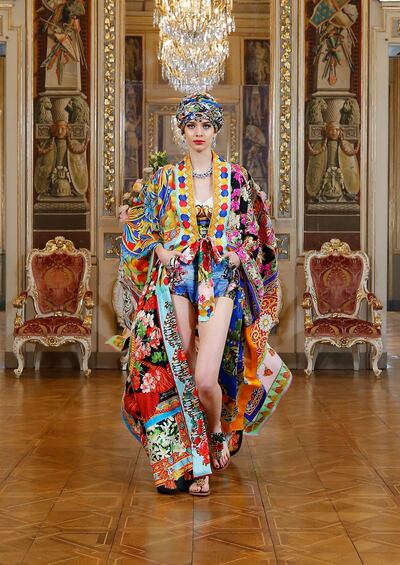 Vibrant colour and rich textiles displayed on a look from the Alta Moda collection by Dolce & Gabbana. Courtesy Dolce & Gabbana