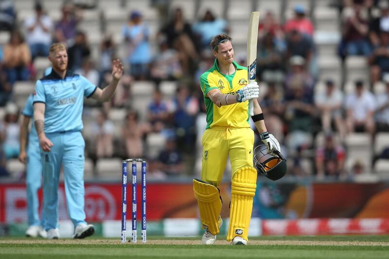 SOUTHAMPTON, ENGLAND - MAY 25: Steve Smith of Australia acknowledges the crowd after reaching his century during the ICC Cricket World Cup 2019 Warm Up match between England and Australia at the Ageas Bowl on May 25, 2019 in Southampton, England.  (Photo by Steve Bardens/Getty Images)