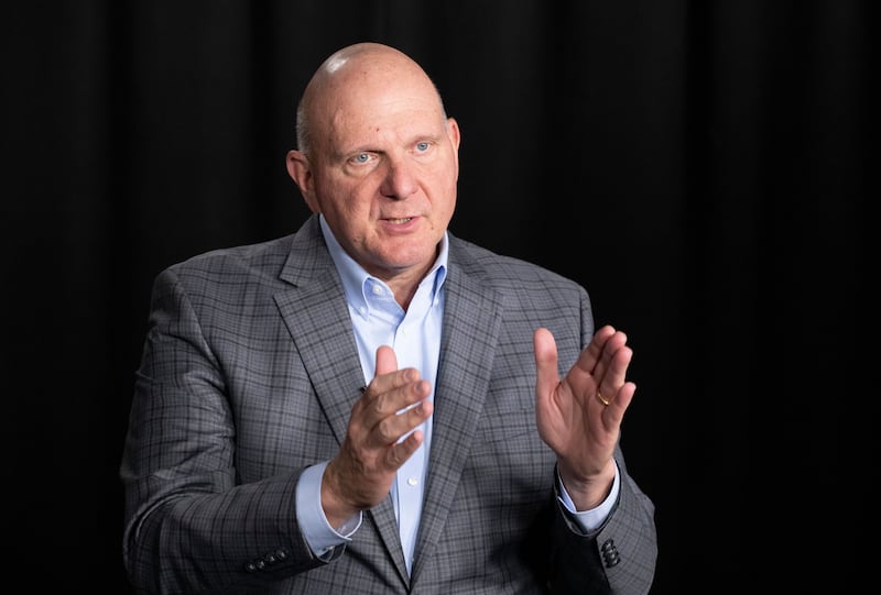 Mandatory Credit: Photo by Mark Lennihan/AP/Shutterstock (10592958a)Steve Ballmer, founder of USA Facts, talks during an interview in New York. Los Angeles Clippers owner Steve Ballmer is buying the Forum for $400 million, clearing the way for the billionaire to build a new arena down the street in Inglewood, CaliforniaBallmer-Forum Basketball, New York, United States - 14 Nov 2019
