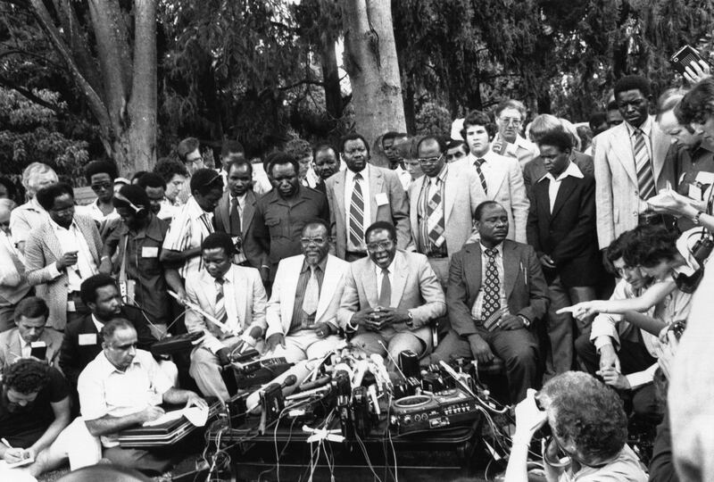 6th March 1980:  Dr Robert Gabriel Mugabe, newly elected President of Zimbabwe, holds a Press Conference in his garden in Mount Pleasant, Salisbury.  (Photo by Keystone/Getty Images)