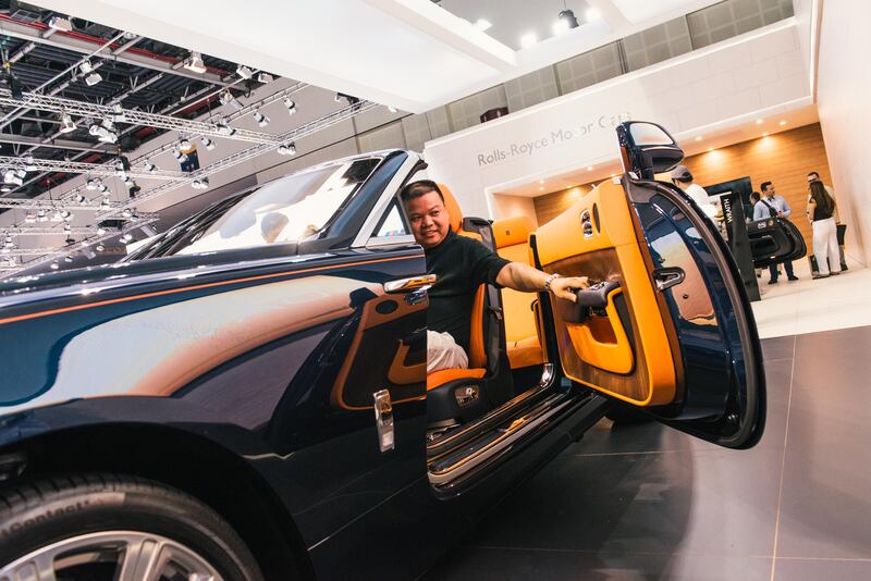 Dubai, UAE. November 10th 2015. A Rolls Royce Ghost on the opening night of the Dubai International Motor Show, which was held at the Trade Center. Alex Atack for The National. *** Local Caption ***  AA_1011_DubaiMotorshow-46.jpg