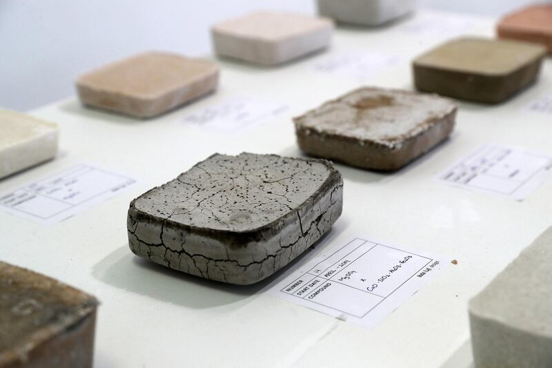 DUBAI, UNITED ARAB EMIRATES , Feb 16  – 2020 :-  Material collected from wetland area by Wael Al Awar and Kenichi Teramoto for their Wetlands Project at the Al Serkal Avenue warehouse 47  in Dubai. Blocks made by different kind of material collected from wetland areas. (Pawan  Singh / The National) For Arts & Culture. Story by Razmig.