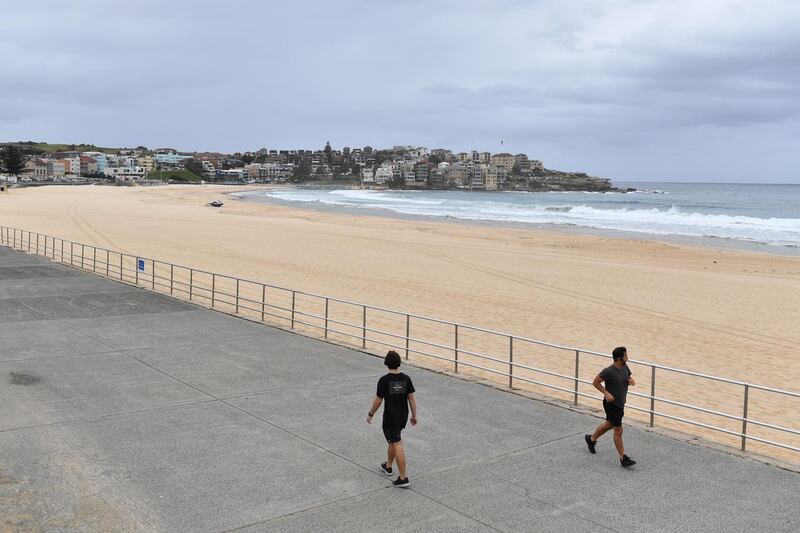 A deserted Bondi Beach in Sydney, Australia. Waverley Council is expected to open Bondi Beach, and the neighbouring Bronte Beach, from 7am to 5pm on weekdays, starting 28 April.  EPA