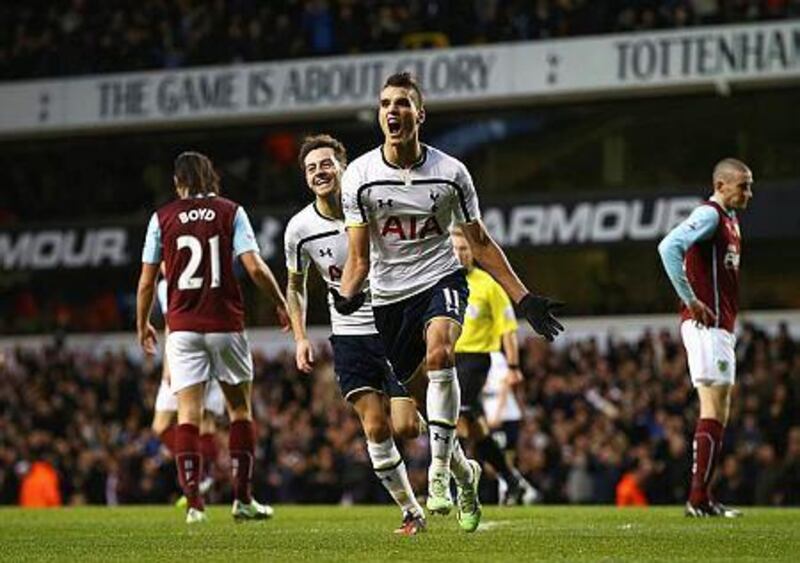 Erik Lamela of Tottenham Hotspur celebrates scoring his goal during their Premier League match against Burnley at White Hart Lane on December 20, 2014 in London, England. (Photo by Clive Rose/Getty Images)
