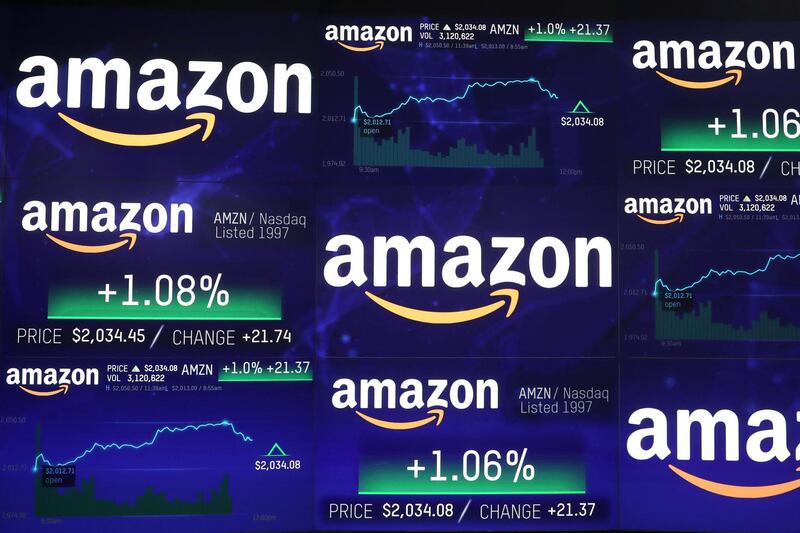 The Amazon.com logo and stock price information is seen on screens at the Nasdaq Market Site in New York City, New York, U.S., September 4, 2018. REUTERS/Mike Segar