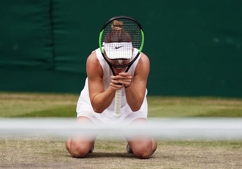 Simona Halep of Romania celebrates her victory over Serena Williams of the US in the women's final of the Wimbledon Championships at the All England Lawn Tennis Club, in London. EPA