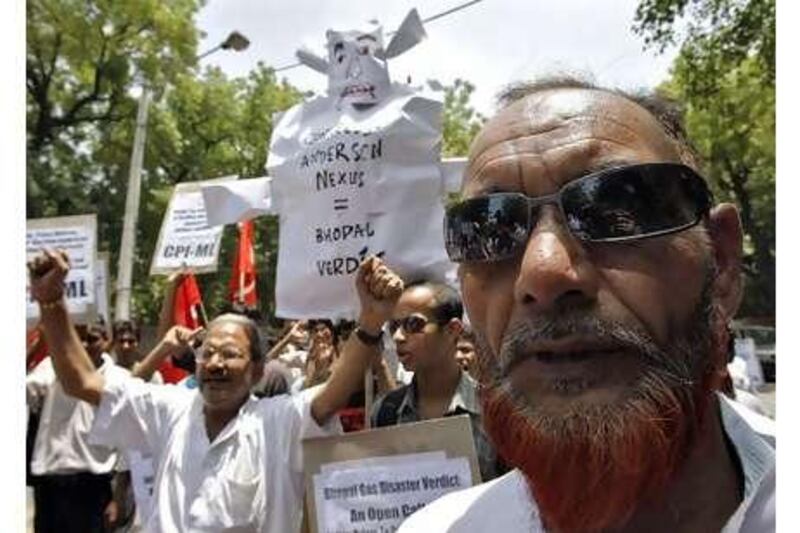 Activists from the Communist Party of India protest against the Bhopal gas disaster verdict in New Delhi.