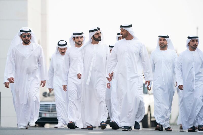 ABU DHABI, UNITED ARAB EMIRATES - May 21, 2019: HH Sheikh Mohamed bin Zayed Al Nahyan, Crown Prince of Abu Dhabi and Deputy Supreme Commander of the UAE Armed Forces (center R), receives HH Sheikh Mohamed bin Rashid Al Maktoum, Vice-President, Prime Minister of the UAE, Ruler of Dubai and Minister of Defence (center L), during an iftar reception, at Al Bateen Palace. Seen with HH Sheikh Hamdan bin Zayed Al Nahyan, Ruler’s Representative in Al Dhafra Region (L) and HH Sheikh Hamdan bin Mohamed Al Maktoum, Crown Prince of Dubai (back 2nd L).

( Rashed Al Mansoori / Ministry of Presidential Affairs )
---