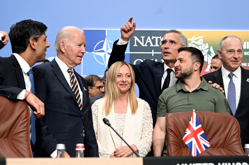 Britain's Prime Minister Rishi Sunak, Mr Biden, Italy's Prime Minister Giorgia Meloni, Nato Secretary General Jens Stoltenberg and Mr Zelenskyy. EPA