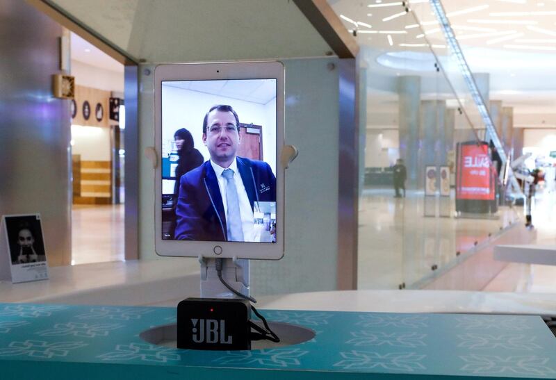 Abu Dhabi, United Arab Emirates, August 19, 2020.  
The contactless information desk with a monitor directly linked to an information centre in the mall with an operator to answer any mall inquiries.
Victor Besa /The National
Section:  NA
Reporter:  Haneen Dajani
