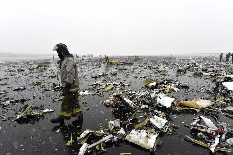 Scattered debris, some of it 1.5km from the crash site, tells the story of devastation at Rostoc-on-Don, Russia, where FlyDubai Flight FZ981 crashes on Saturday, killing all 63 on board. AFP