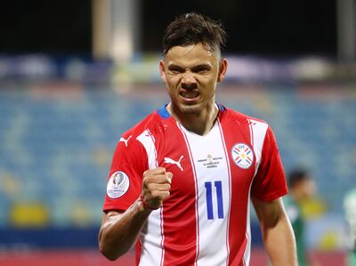 Soccer Football - Copa America 2021 - Group A - Paraguay v Bolivia  - Estadio Olimpico, Goiana, Brazil - June 14, 2021 Paraguay's Angel Romero celebrates scoring their third goal REUTERS/Amanda Perobelli