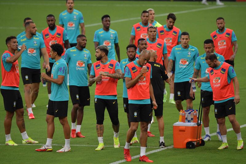 Brazil players take part in a training session at the Arena da Amazonia Stadium. AFP