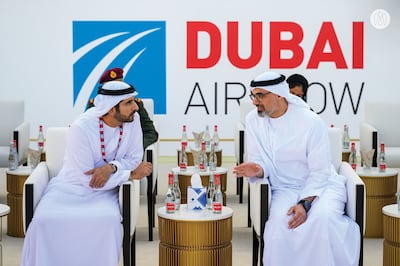Sheikh Hamdan bin Mohammed, Crown Prince of Dubai, and Sheikh Khaled bin Mohamed, Crown Prince of Abu Dhabi, attend the Dubai Airshow on Monday. Photo: Dubai Media Office