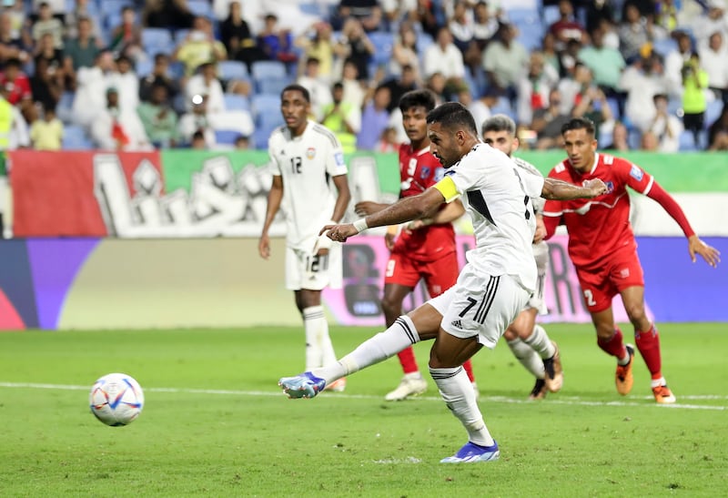 Ali Mabkhout scores UAE's second goal from the spot in their 4-0 World Cup qualifying win over Nepal at Al Maktoum Stadium, in Dubai on November 16, 2023. All images: Chris Whiteoak / The National