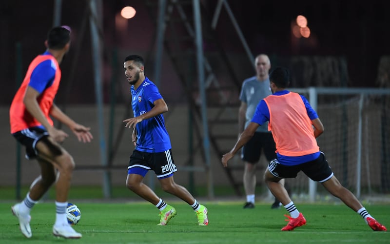 Forward Ali Saleh trains for UAE's 2022 World Cup qualifier against Lebanon. Photo: UAE FA
